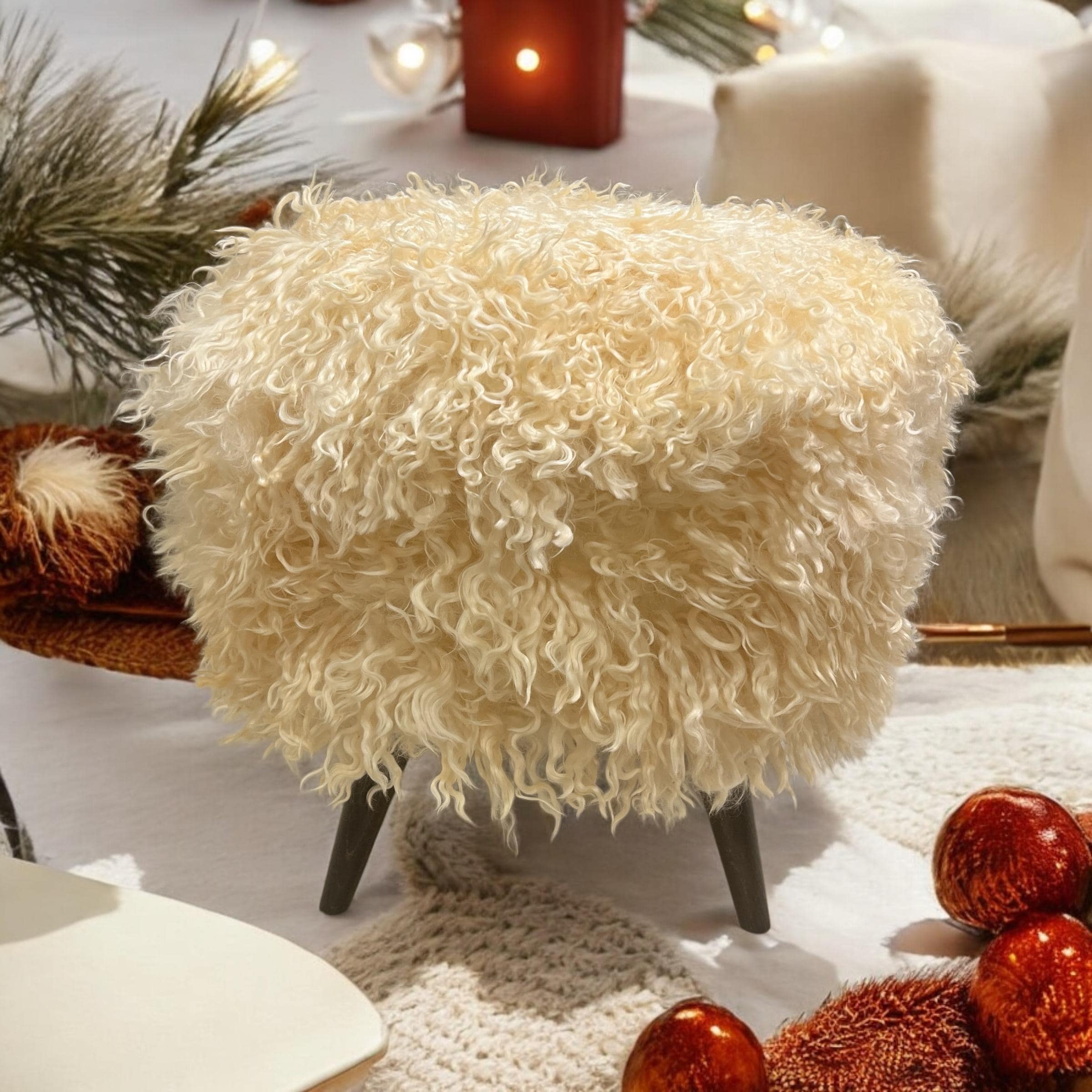 Angora Hide Small Round Ottoman