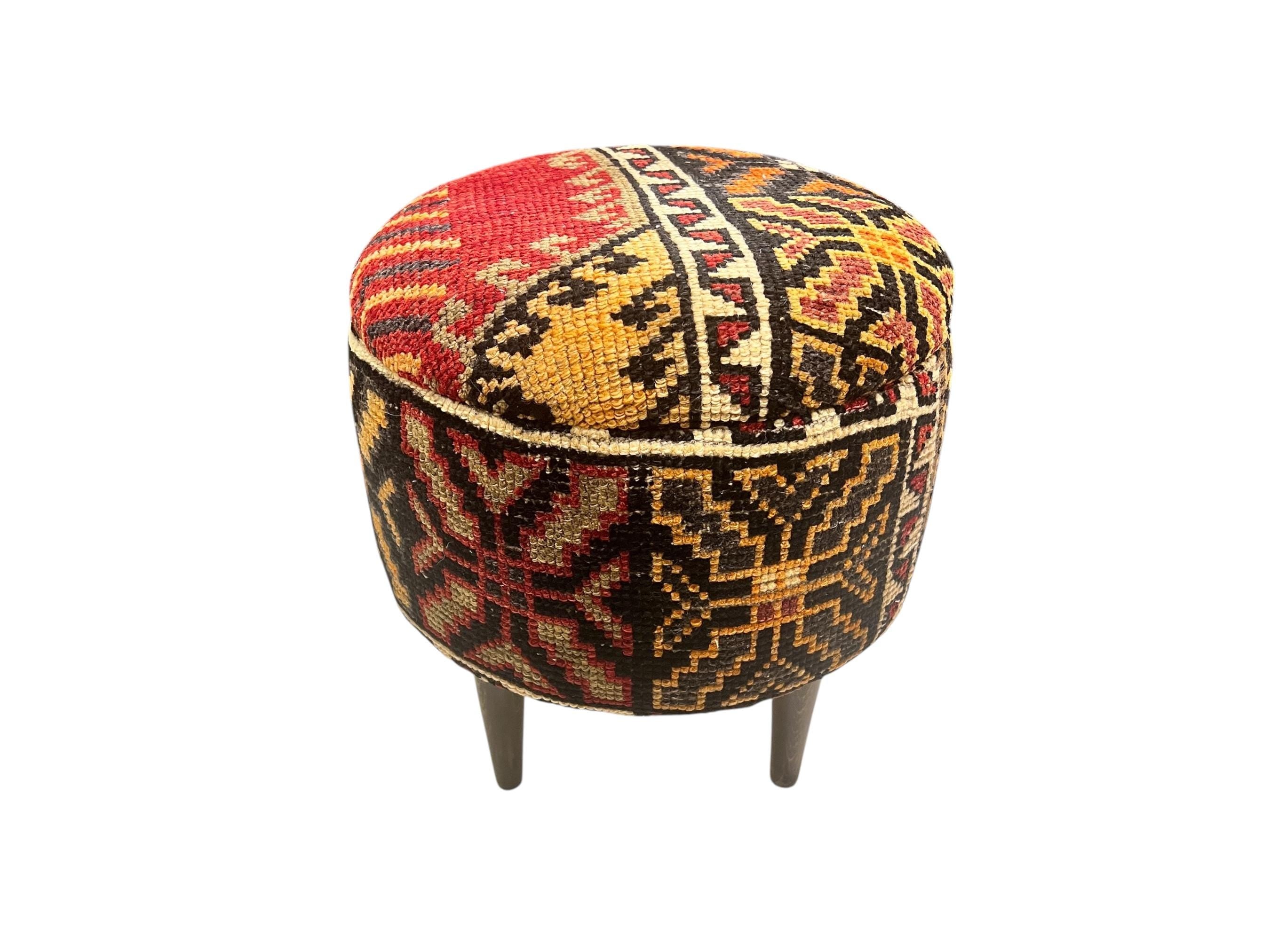 Vintage Carpet Small Round Ottoman