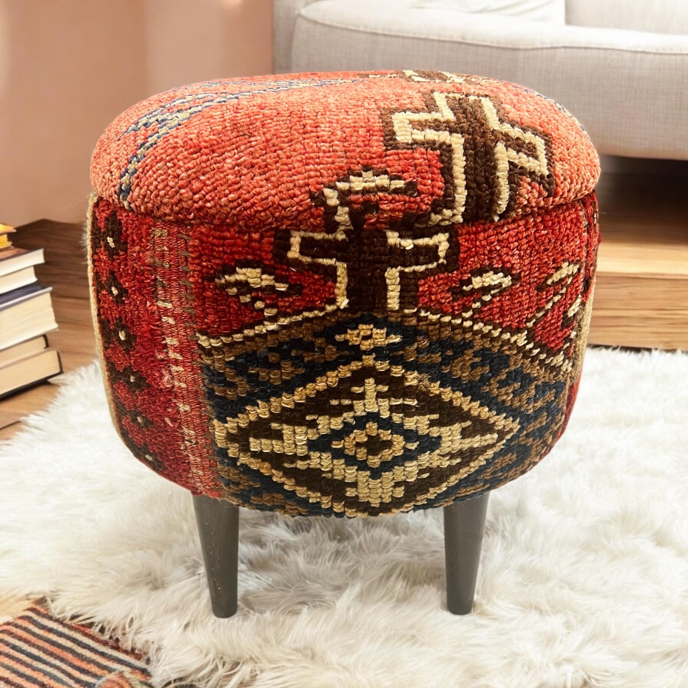 Vintage Carpet Small Round Ottoman
