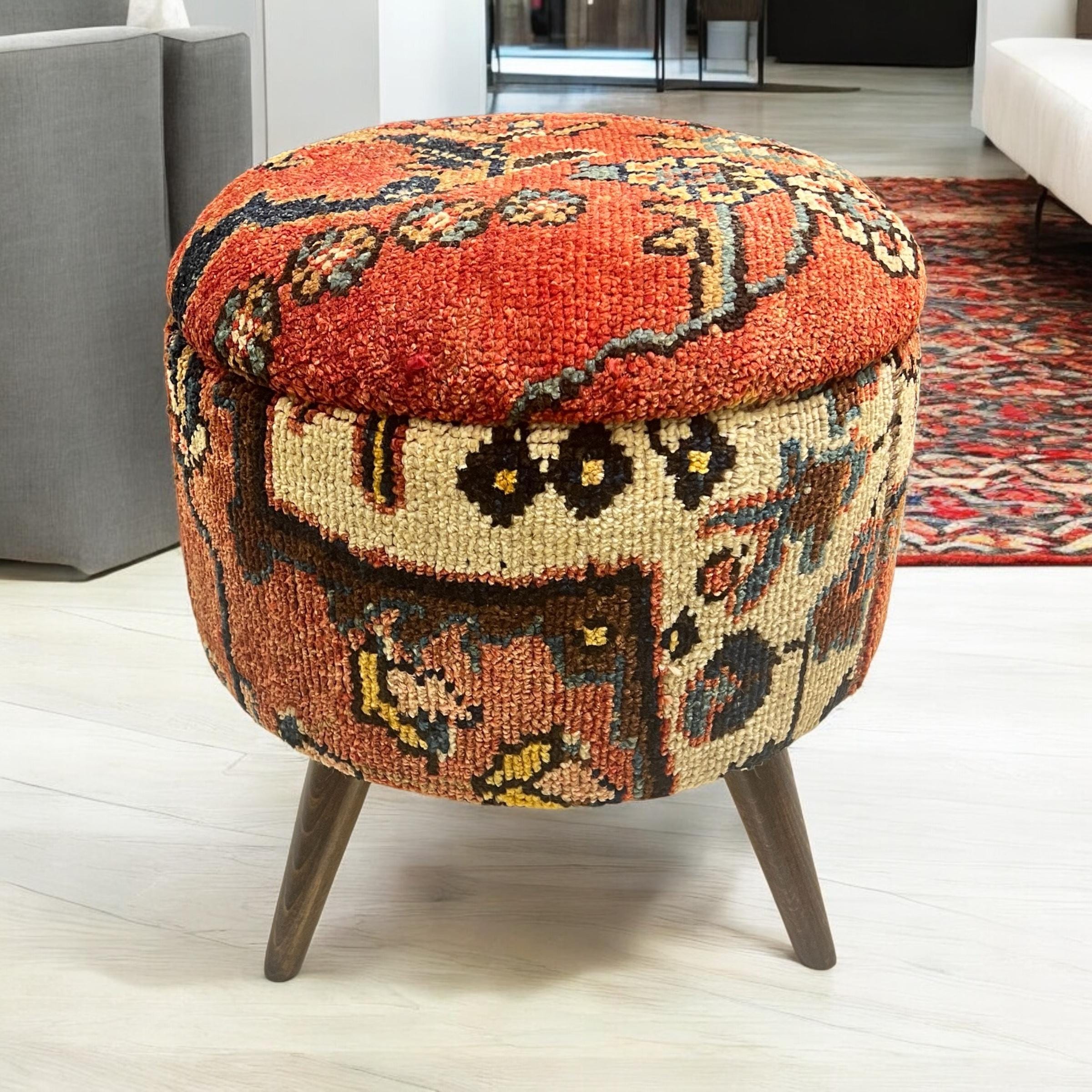 Vintage Rug Small Round Ottoman