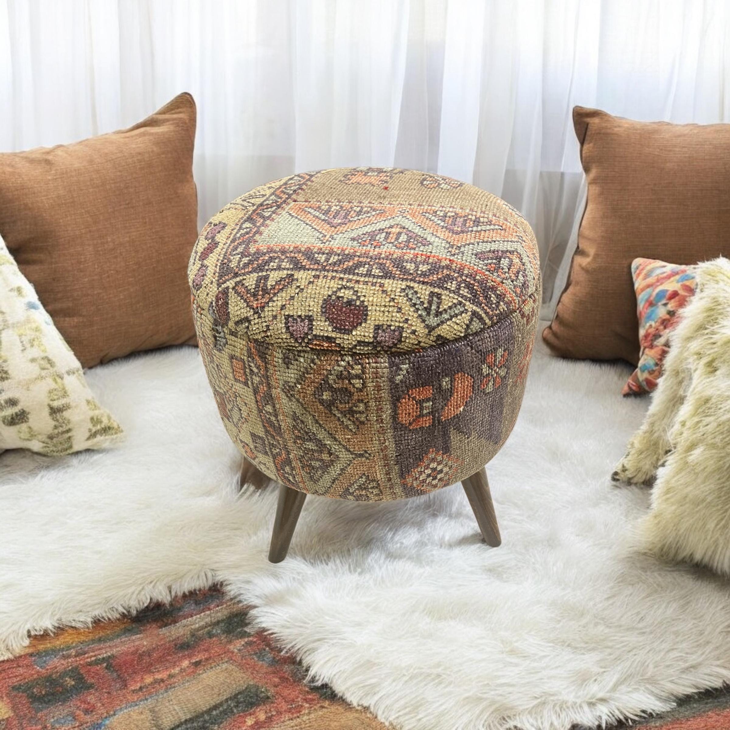 Vintage Kilim Small Round Ottoman