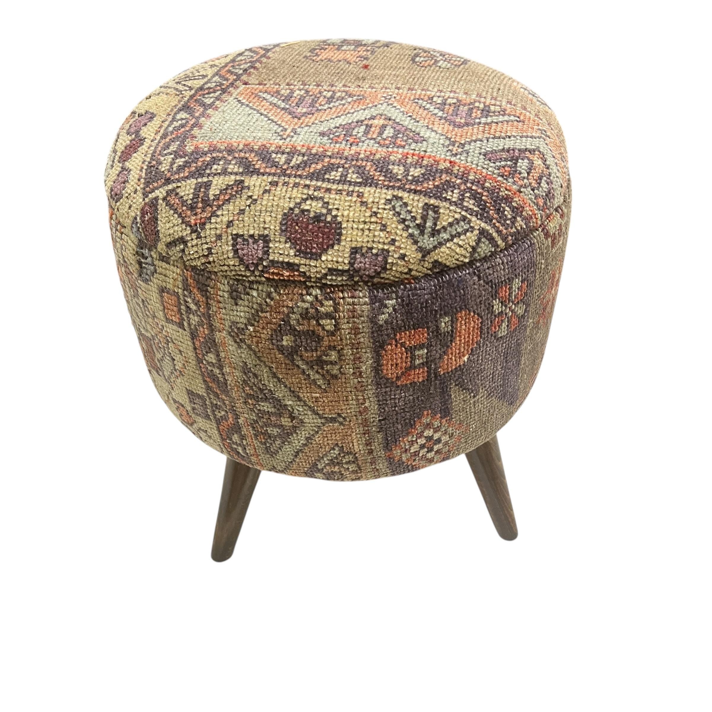 Vintage Kilim Small Round Ottoman