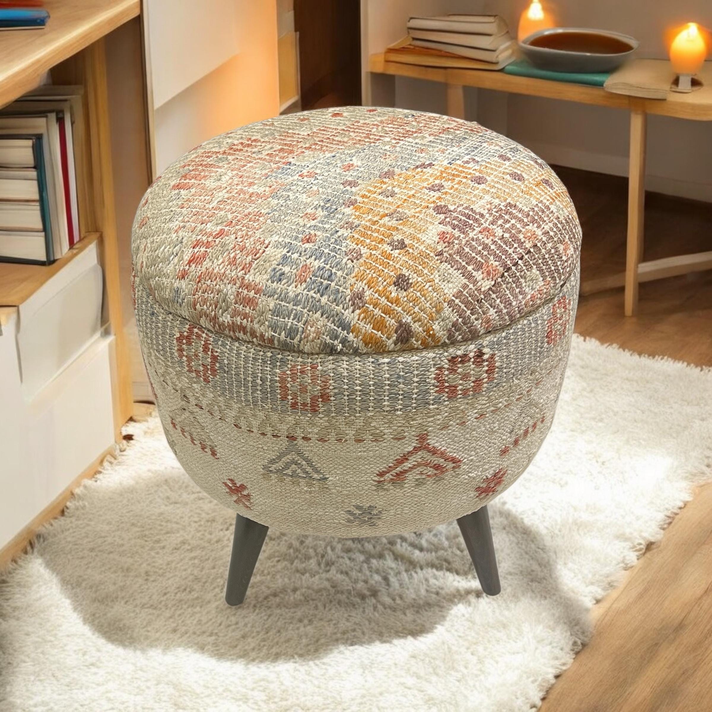 Vintage Kilim Small Round Ottoman
