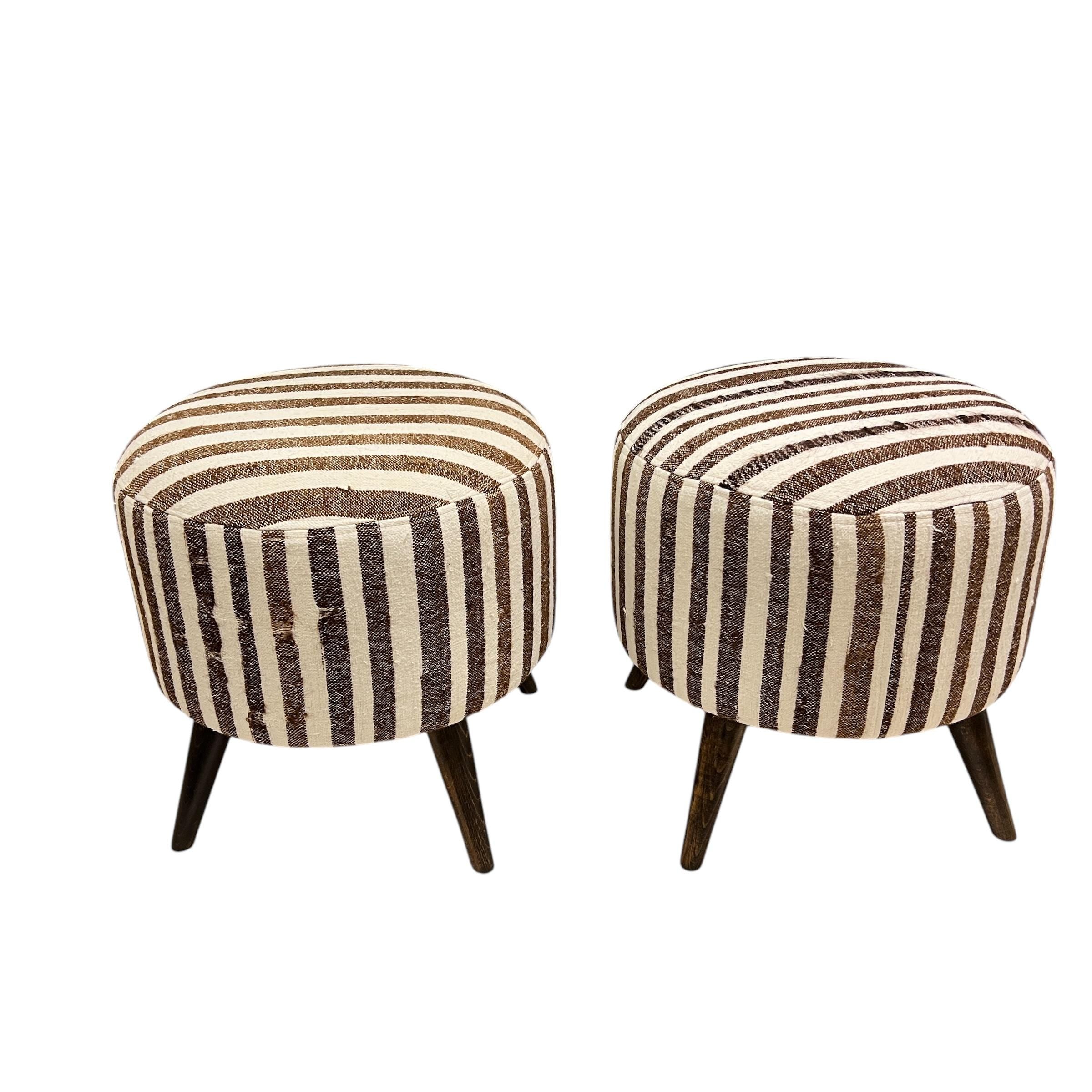 Vintage Stripe Kilim Small Round Ottoman