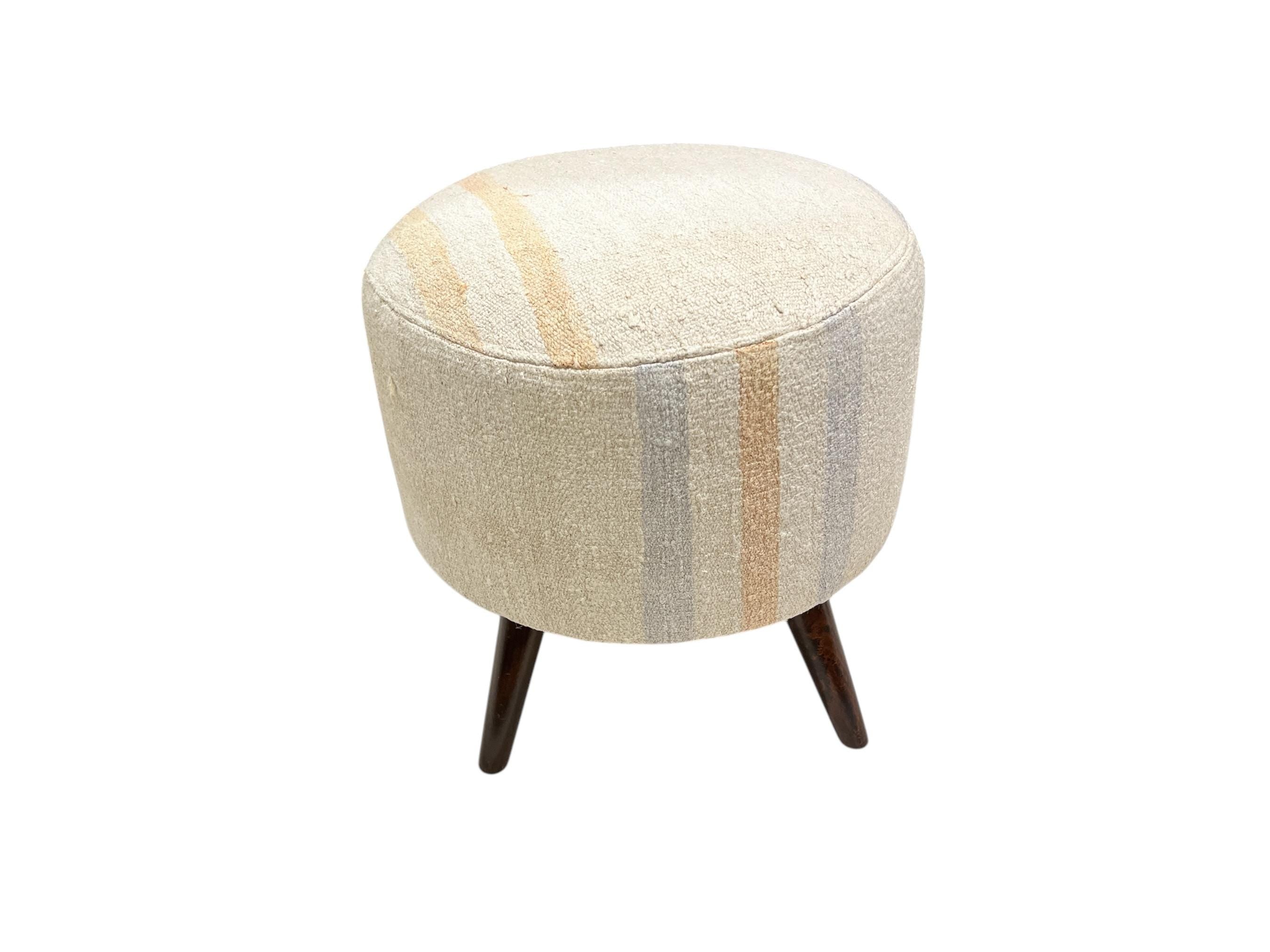 Vintage Hemp Kilim Small Round Ottoman