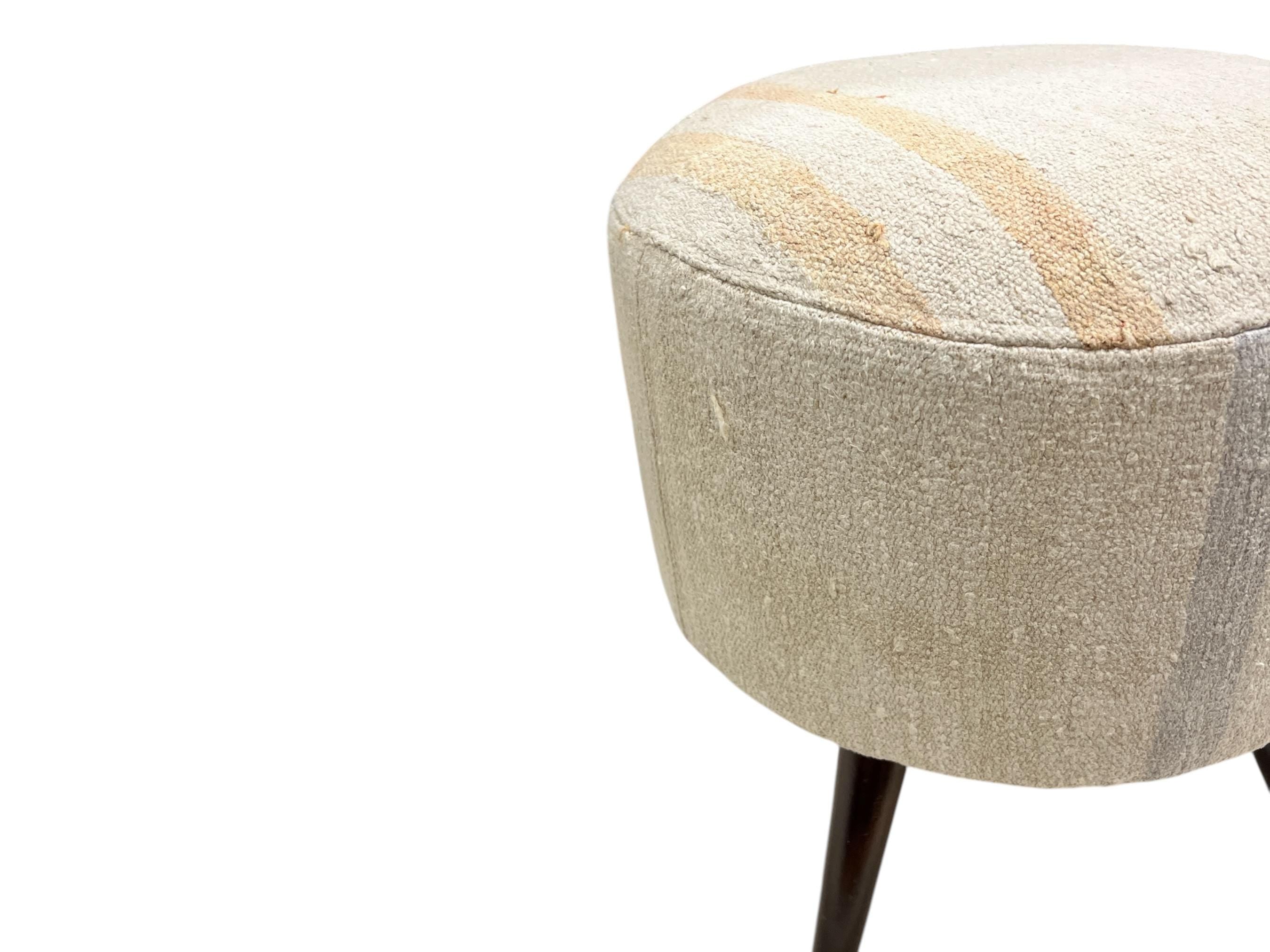 Vintage Hemp Kilim Small Round Ottoman