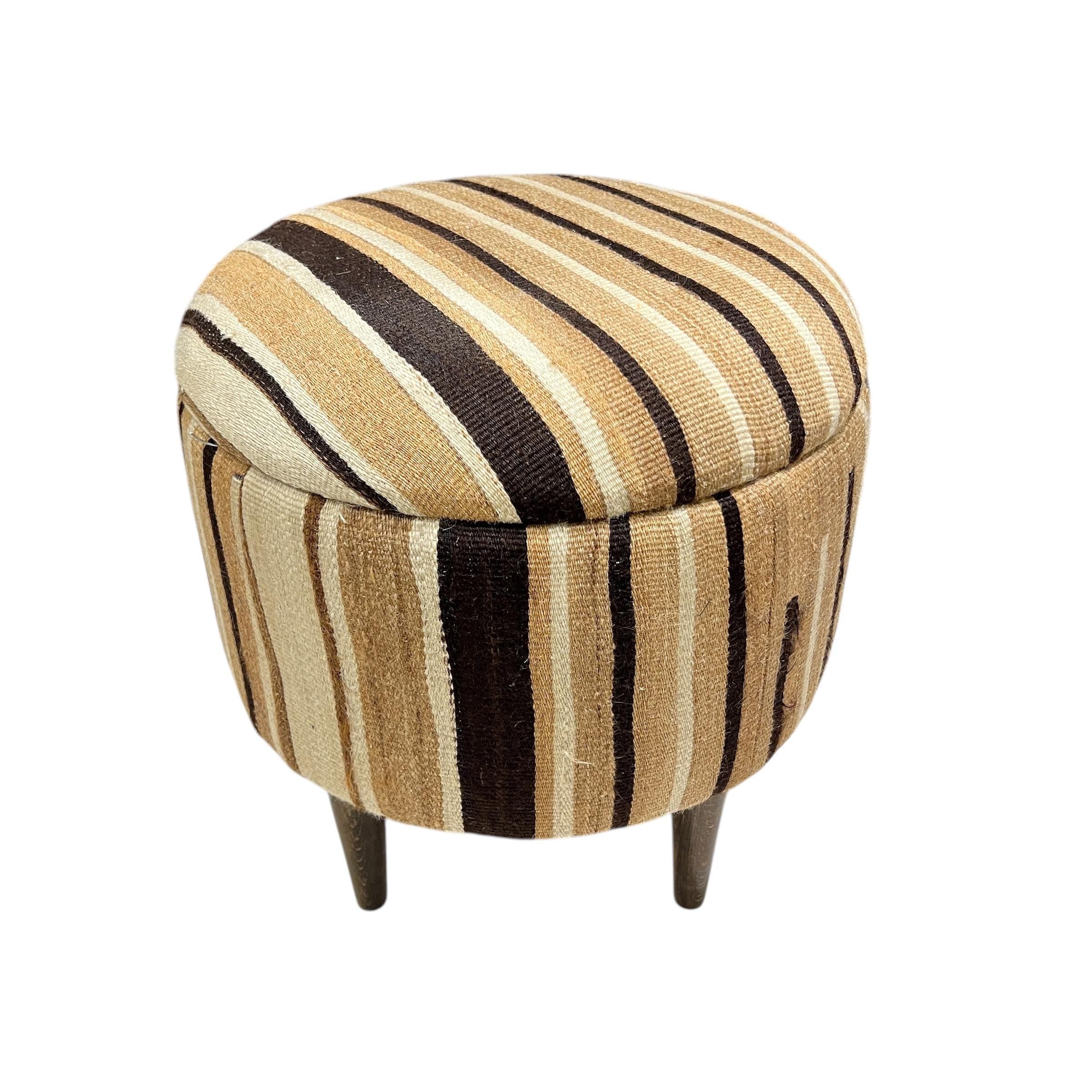 Angora Stripe Small Round Ottoman
