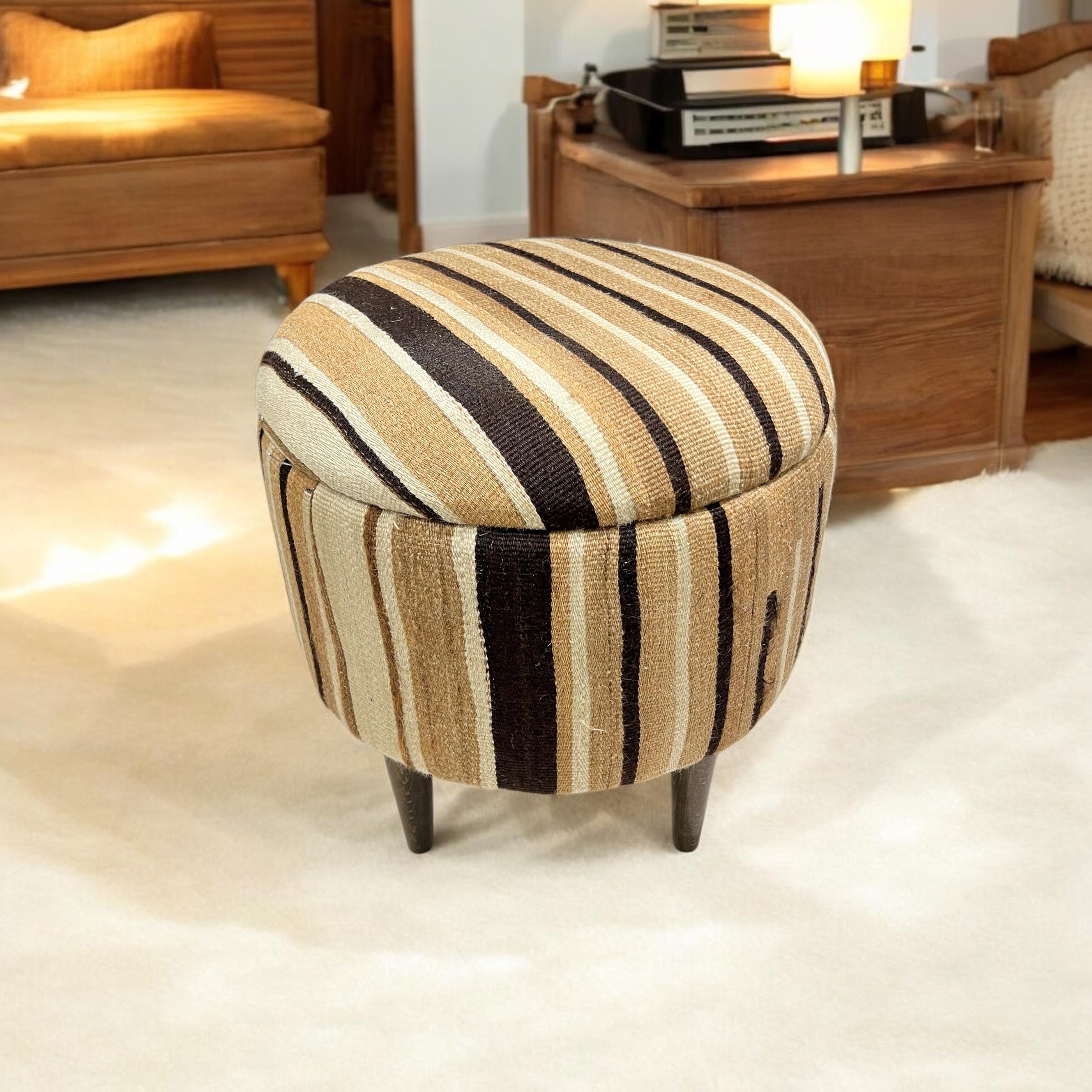 Angora Stripe Small Round Ottoman
