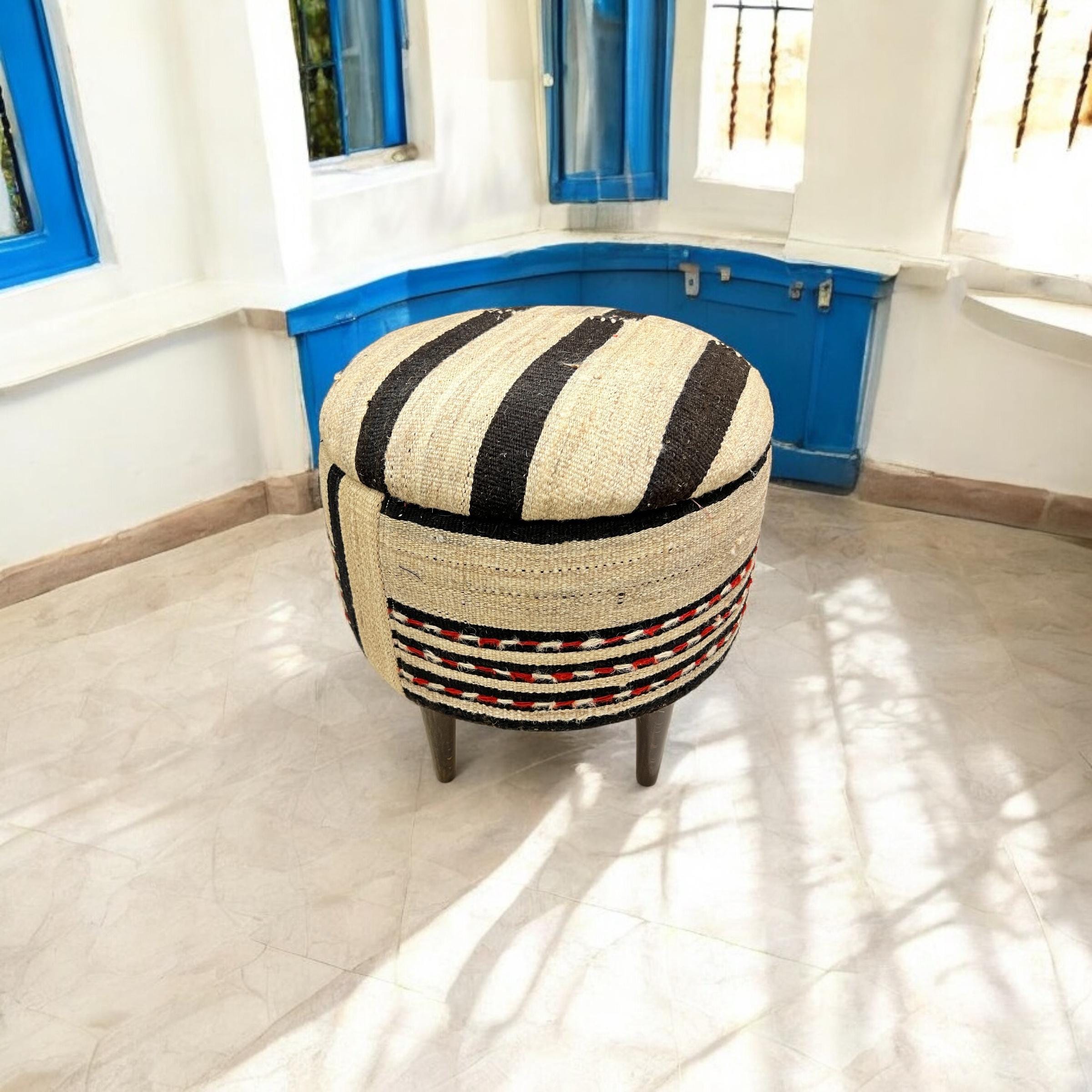 Stripe Kilim Small Round Ottoman