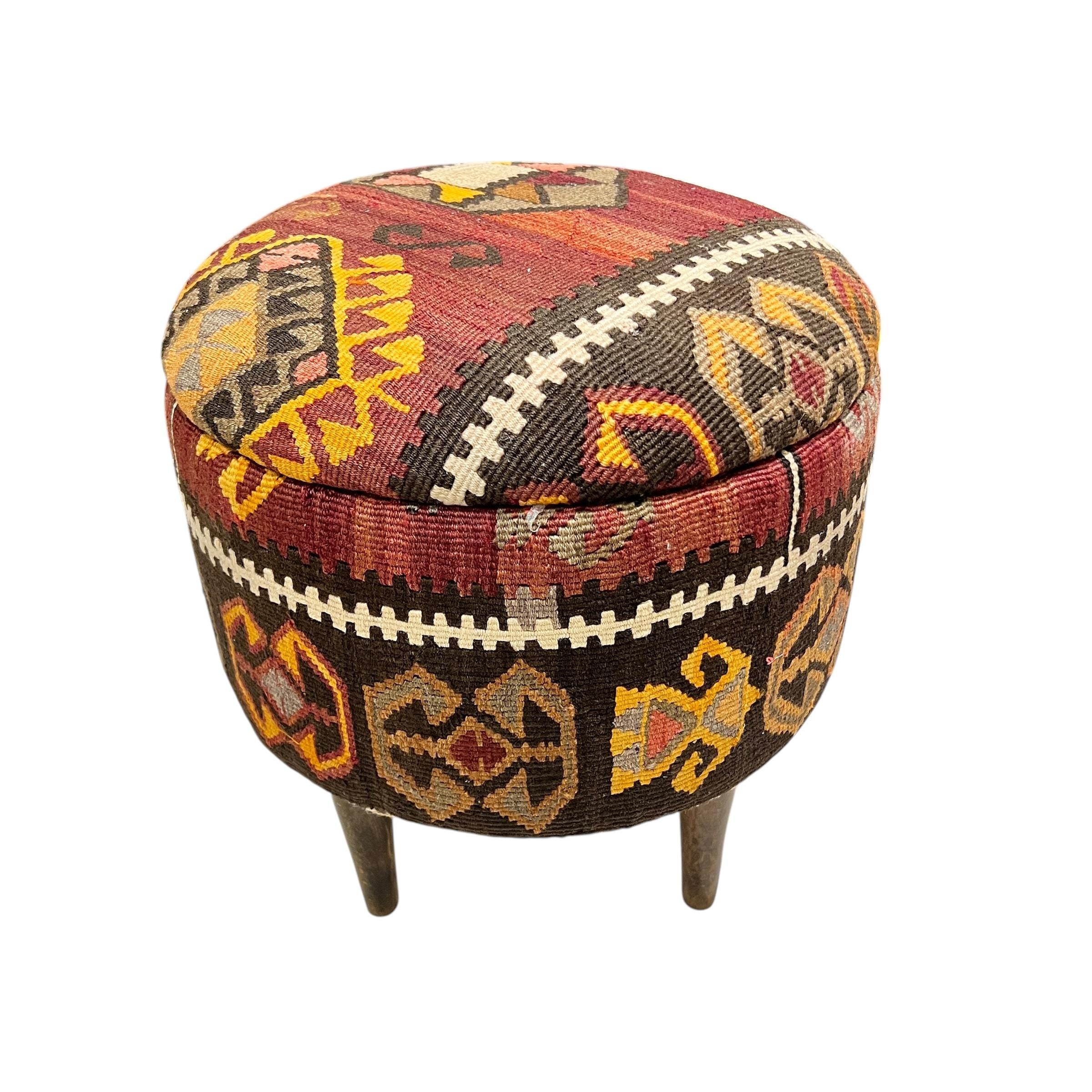 Vintage Kilim Small Round Ottoman