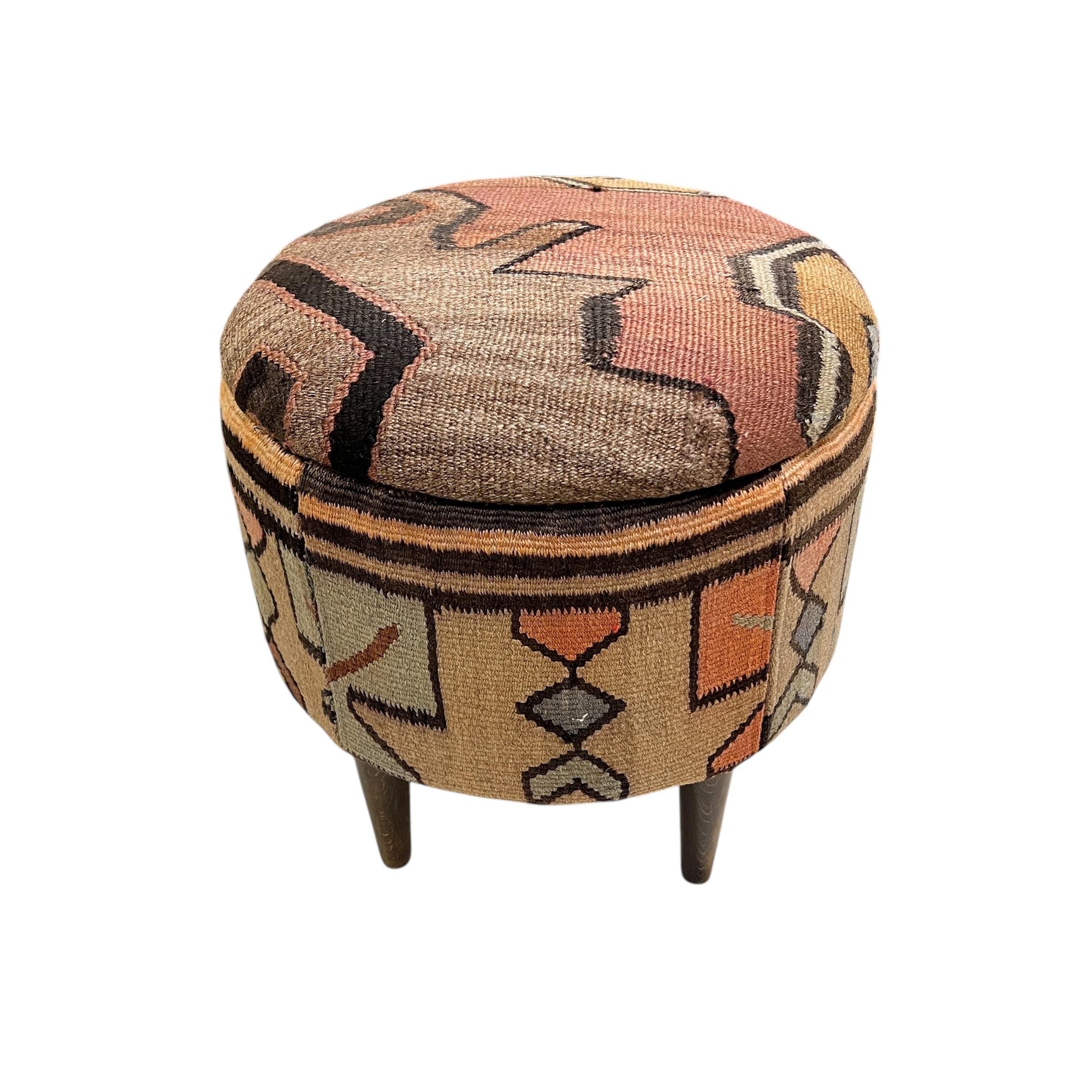 Vintage Kilim Small Round Ottoman