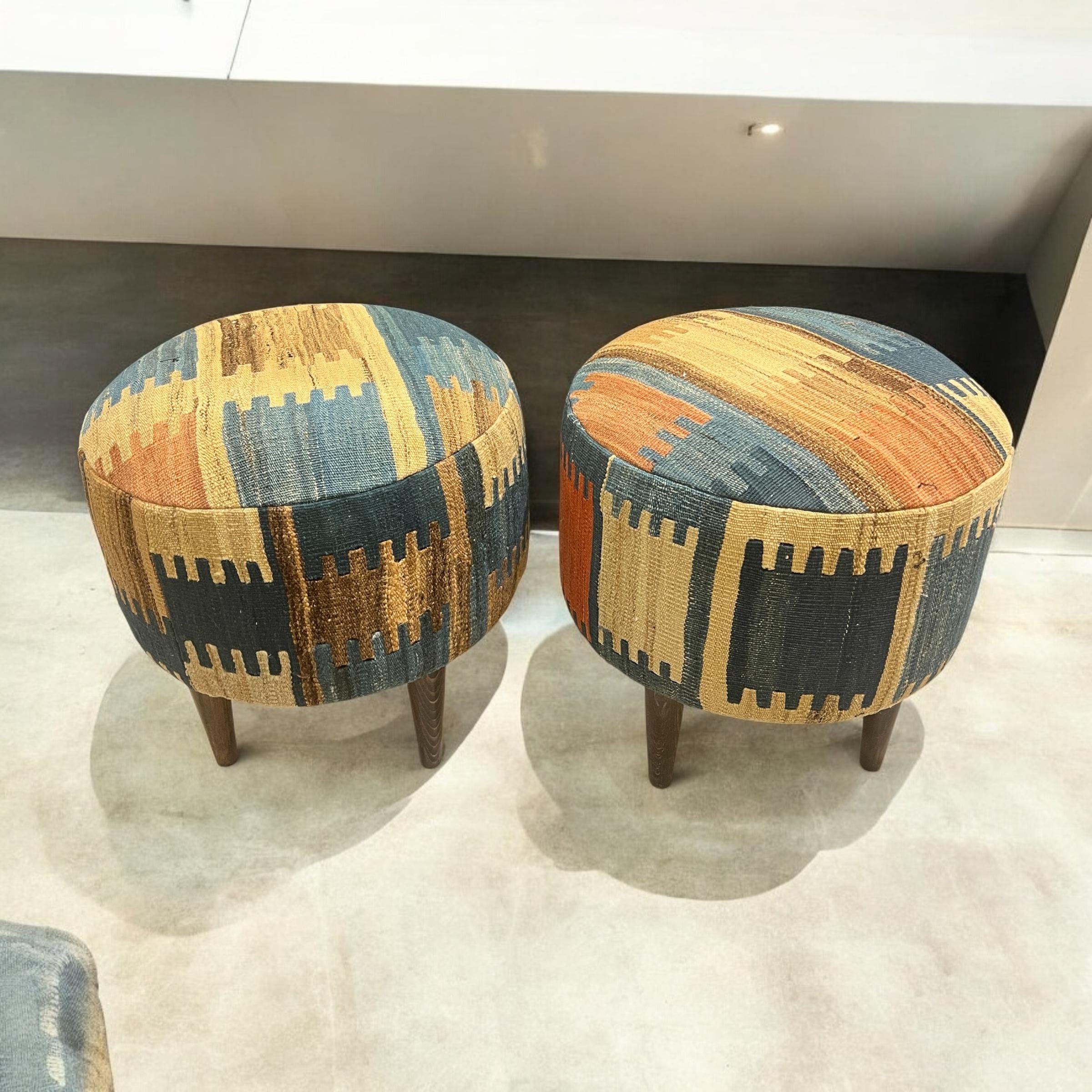 Vintage Kilim Small Round Ottoman