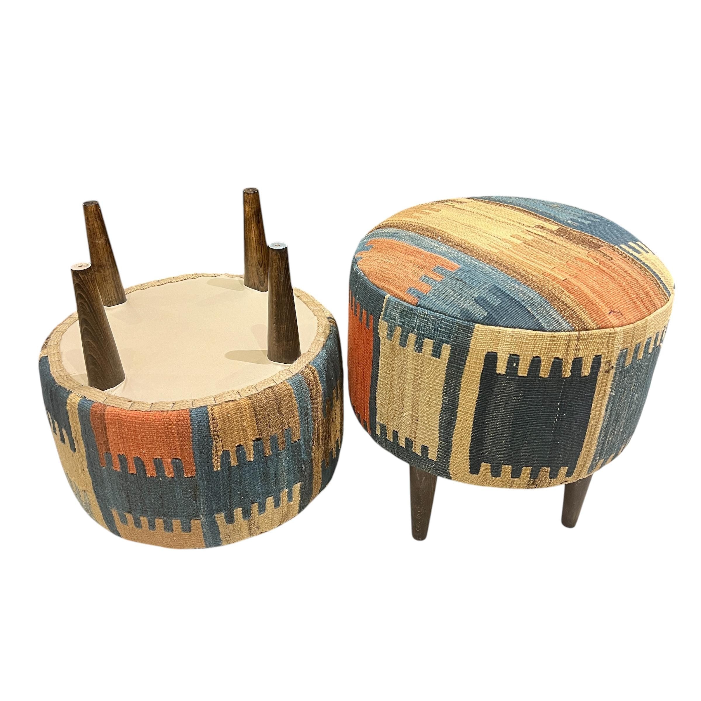 Vintage Kilim Small Round Ottoman
