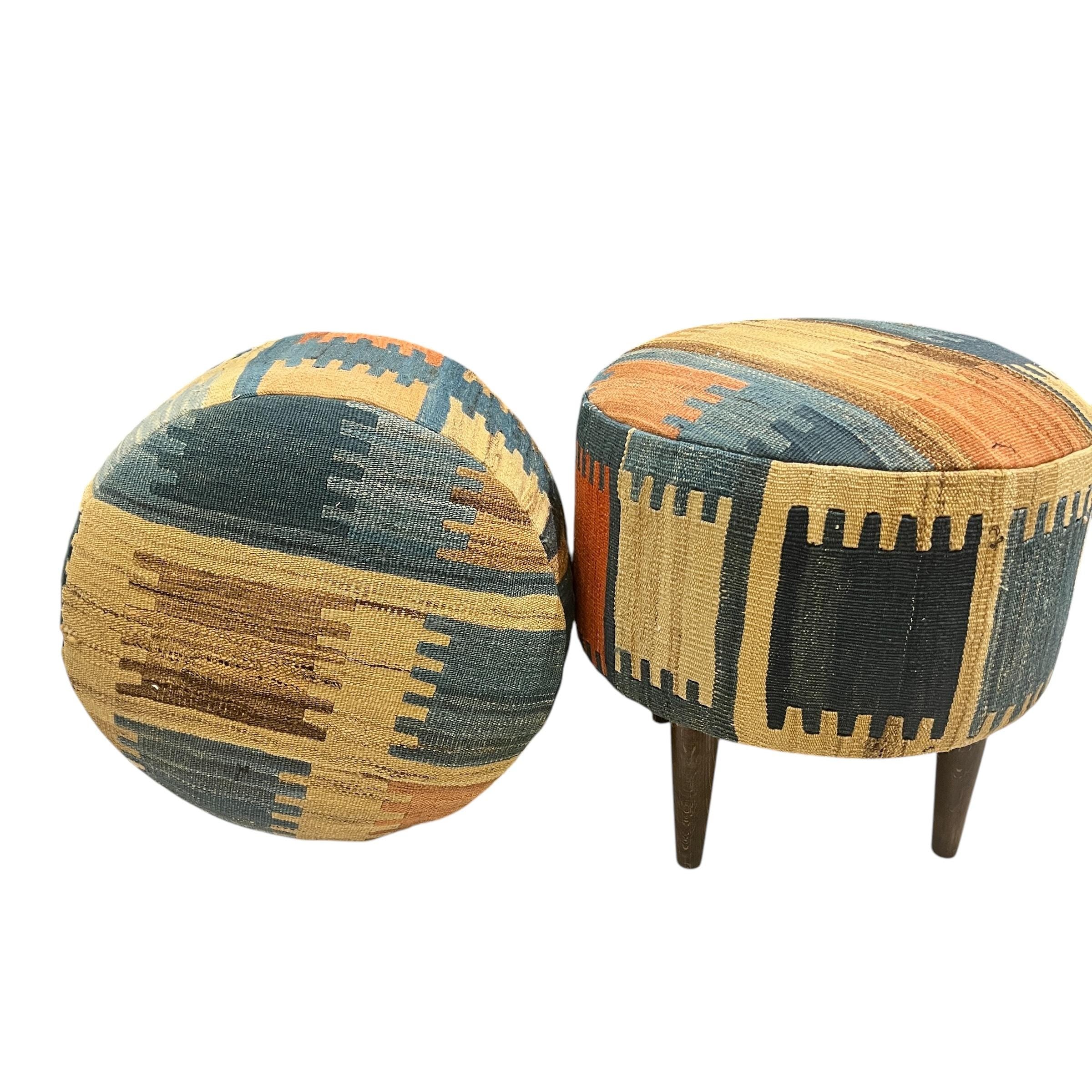 Vintage Kilim Small Round Ottoman