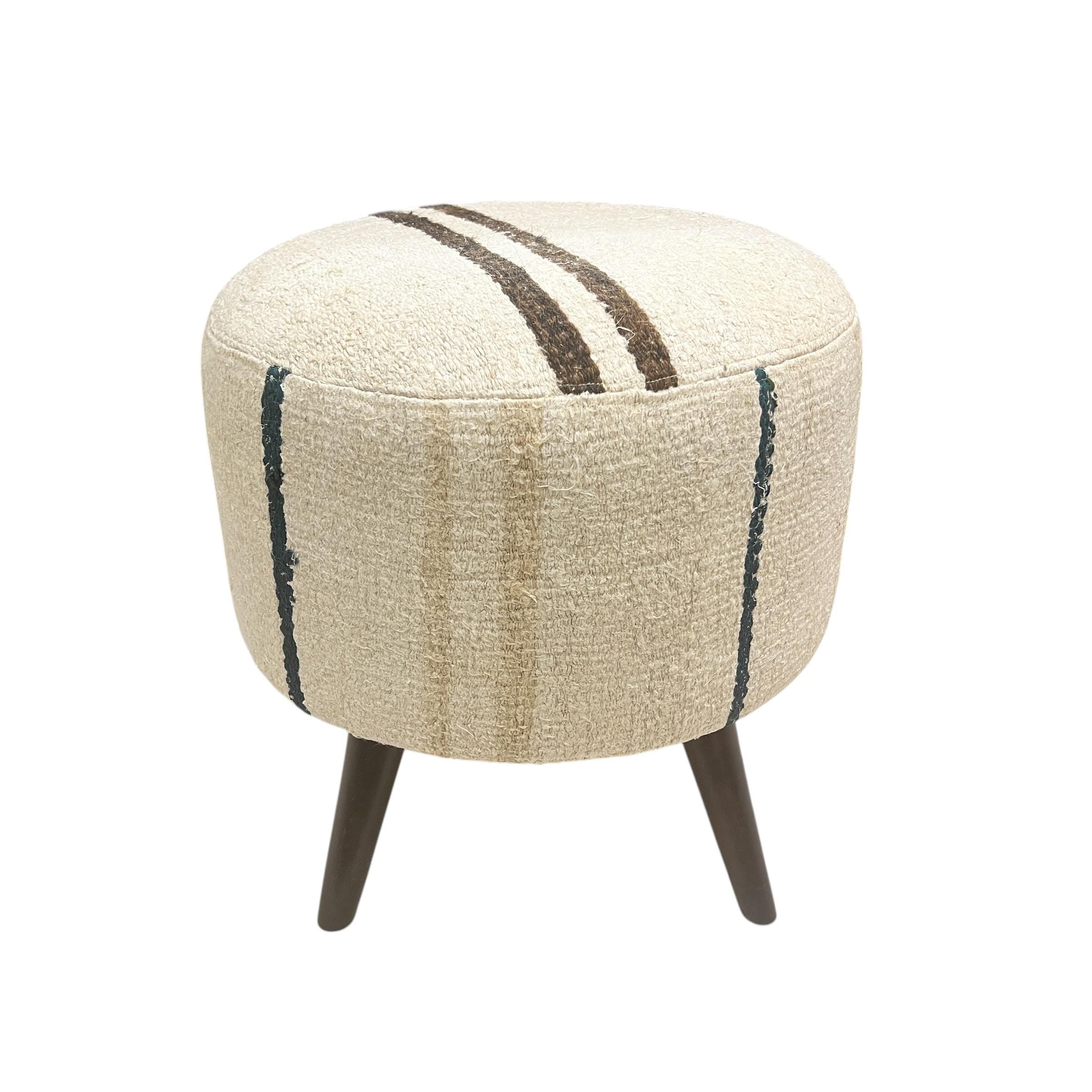 Vintage Hemp Kilim Small Round Ottoman