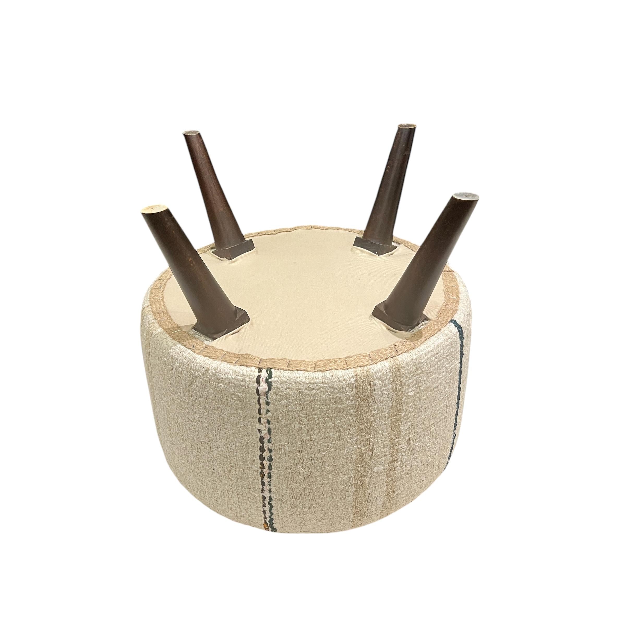 Vintage Hemp Kilim Small Round Ottoman