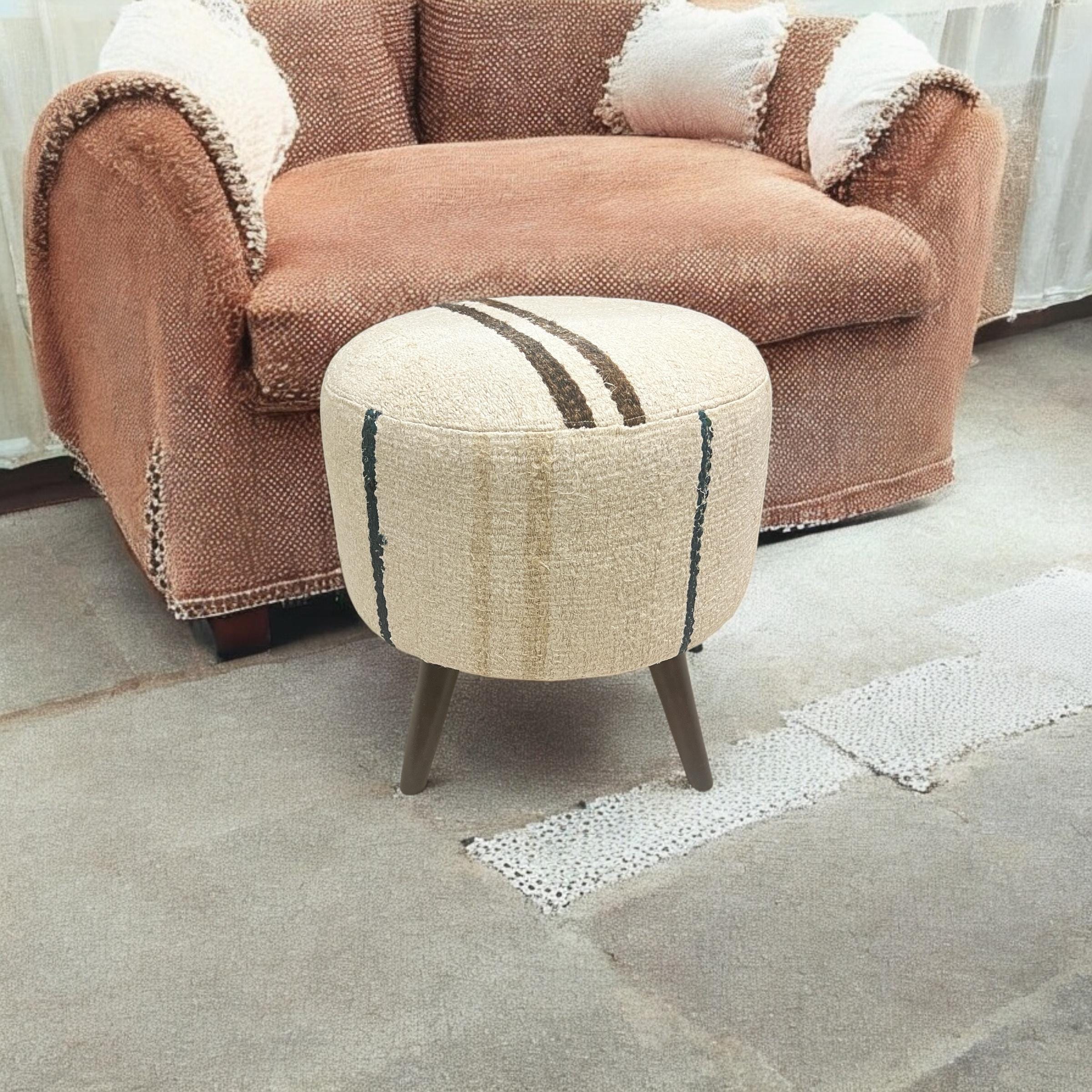 Vintage Hemp Kilim Small Round Ottoman