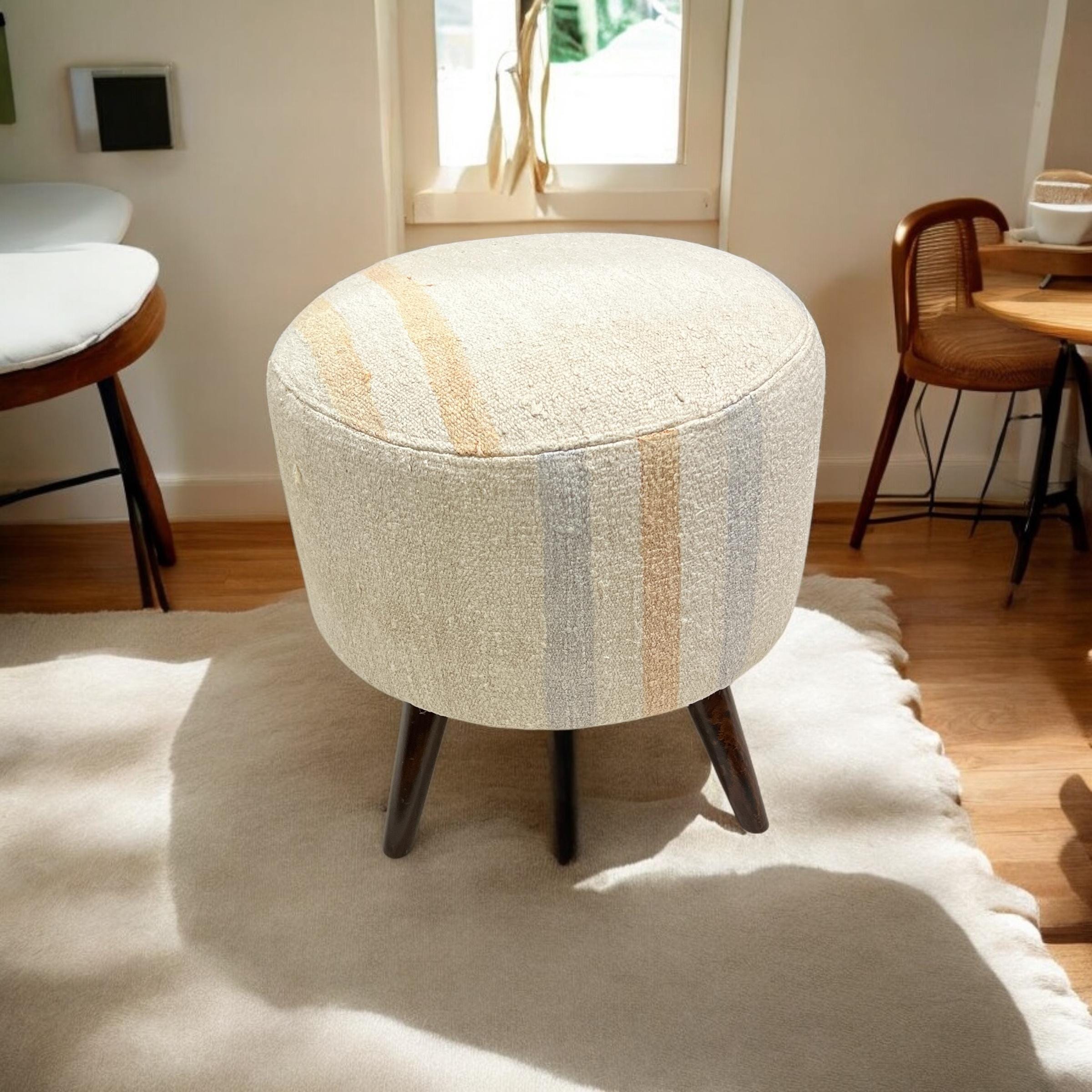 Vintage Hemp Kilim Small Round Ottoman