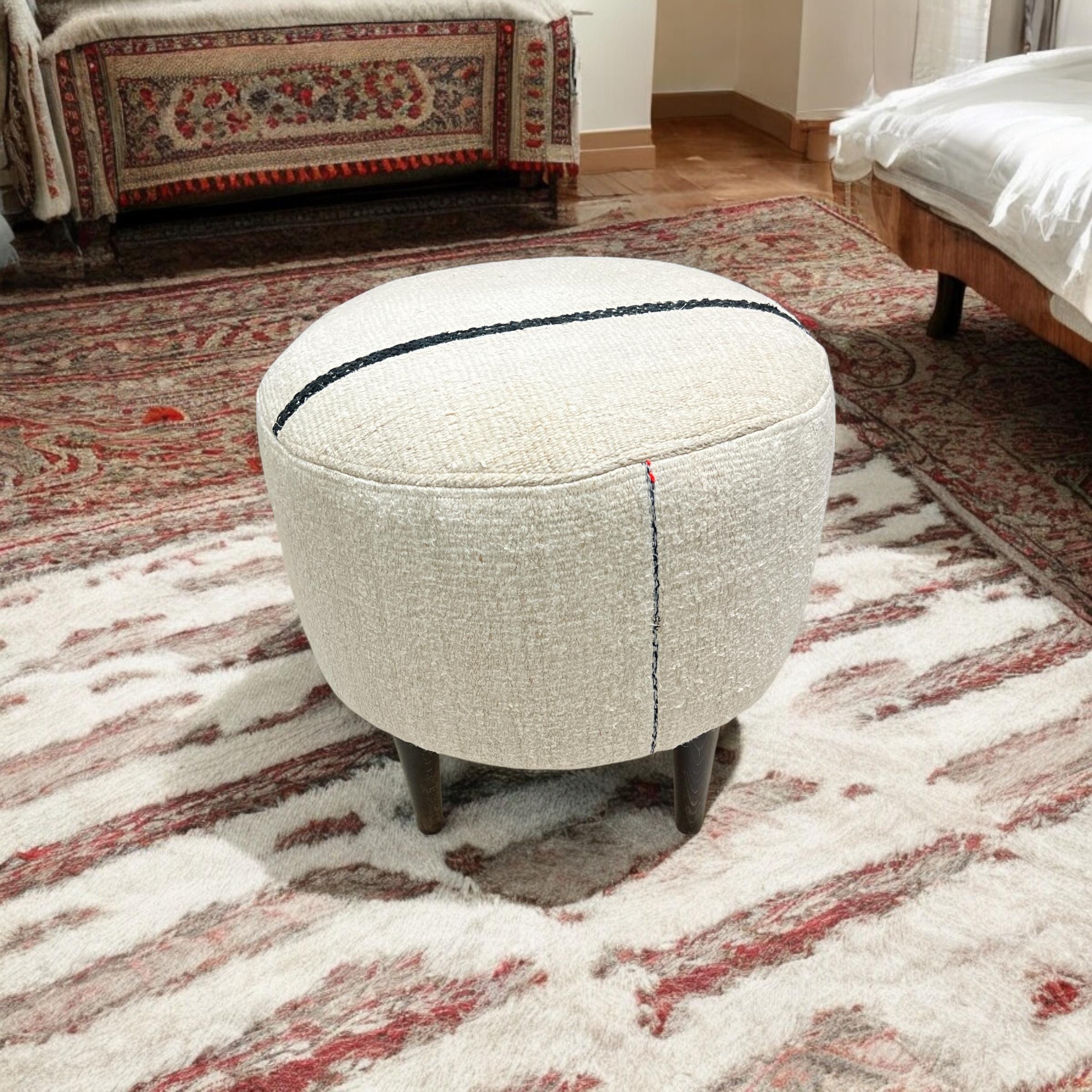 Small Vintage Hemp Round Ottoman