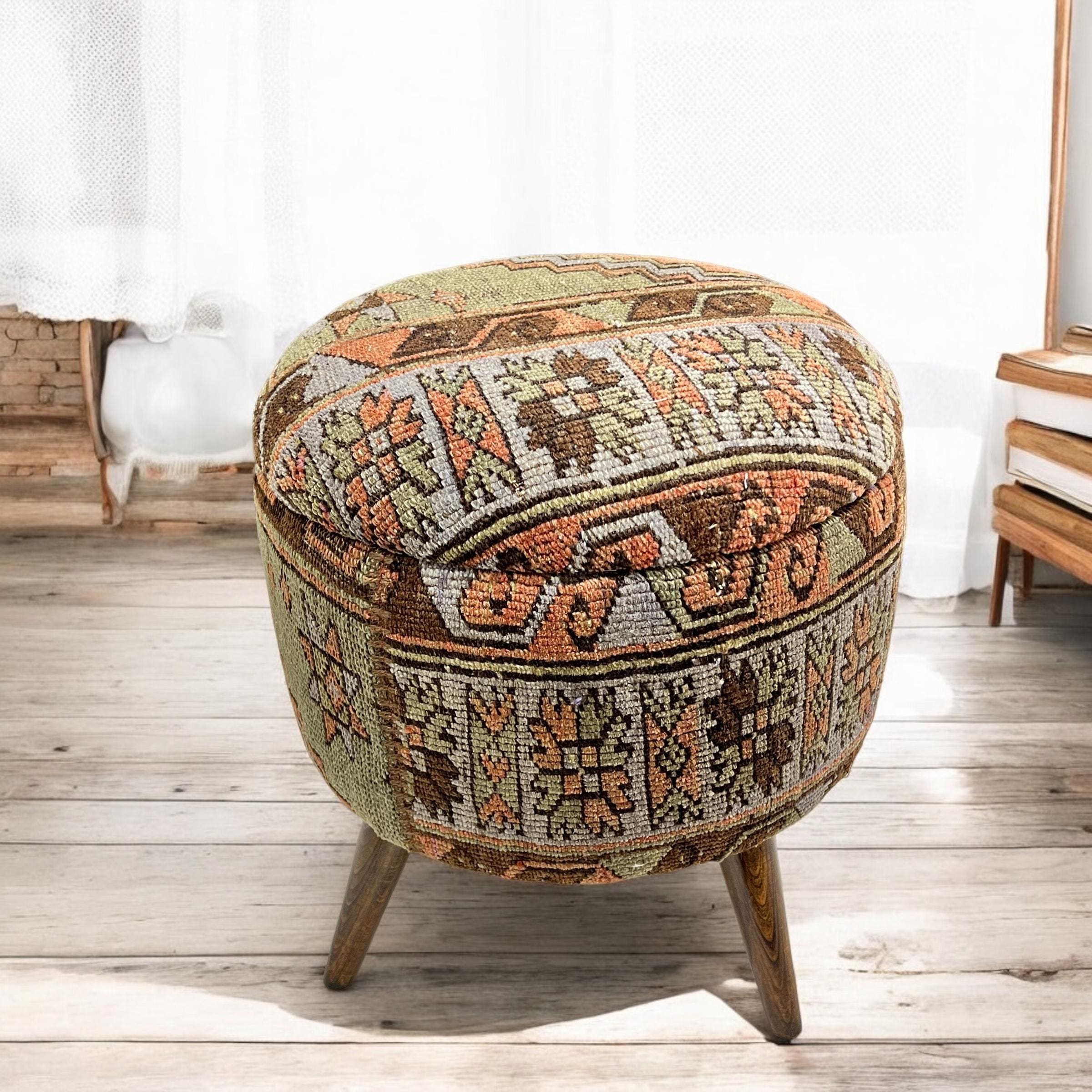 Vintage Carpet Small Round Ottoman