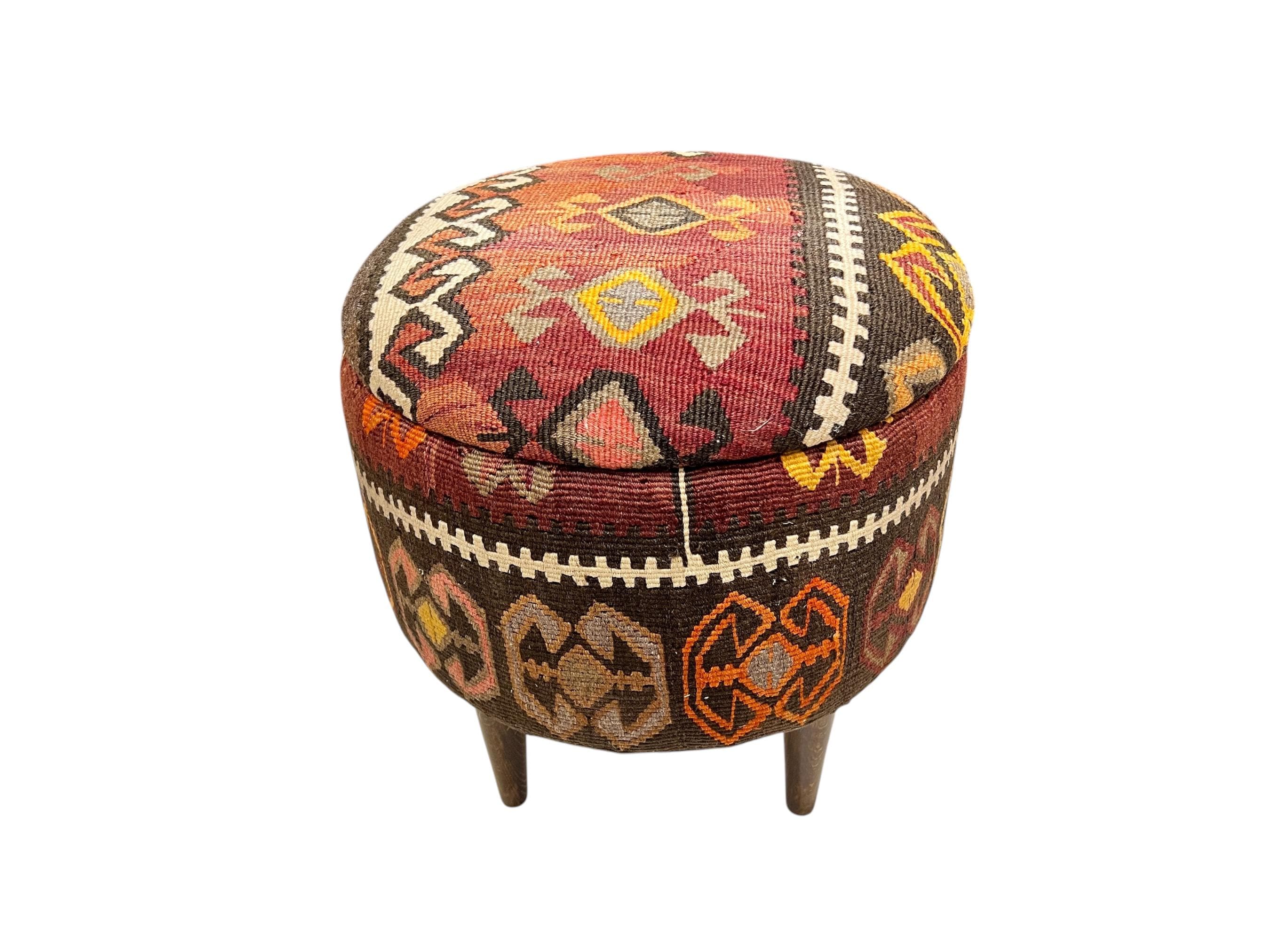 Vintage Kilim Small Round Ottoman