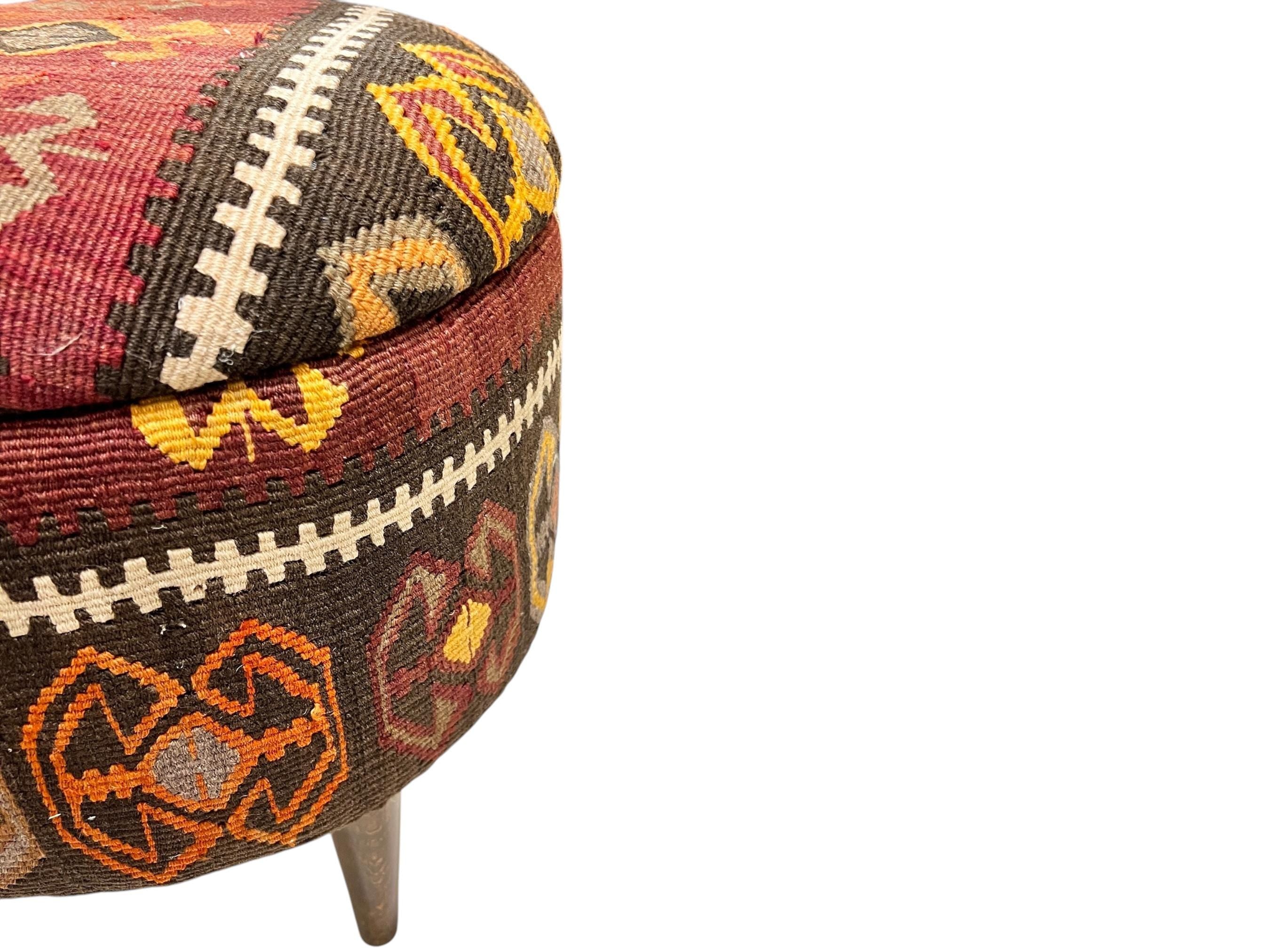 Vintage Kilim Small Round Ottoman