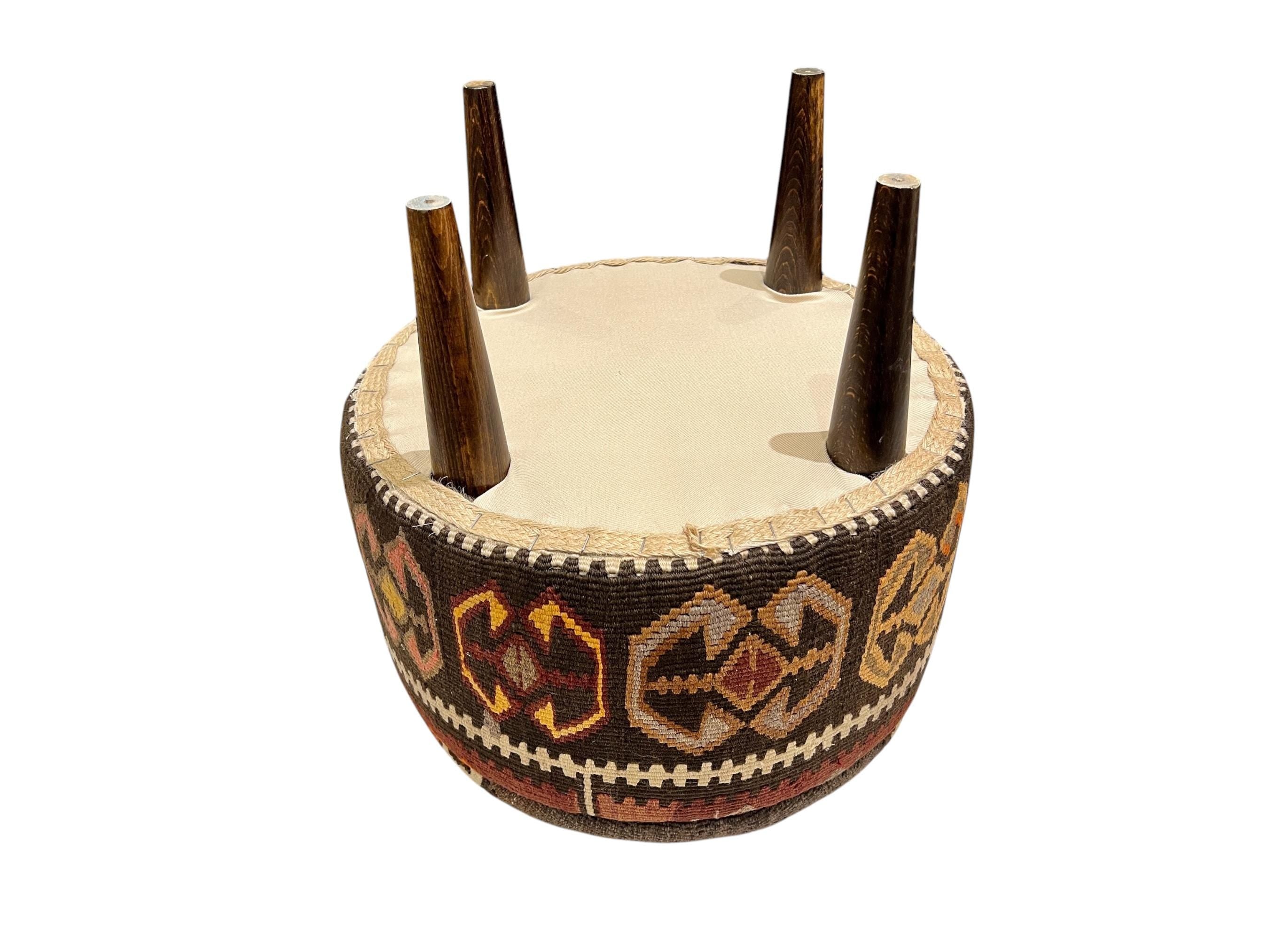 Vintage Kilim Small Round Ottoman