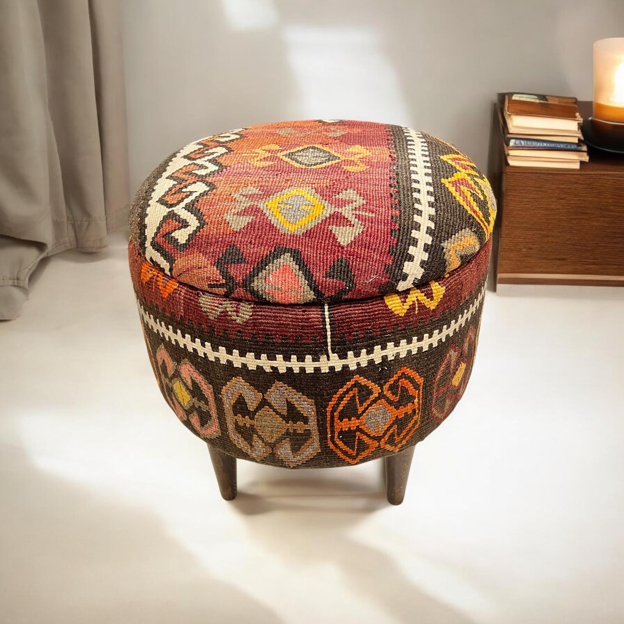 Vintage Kilim Small Round Ottoman
