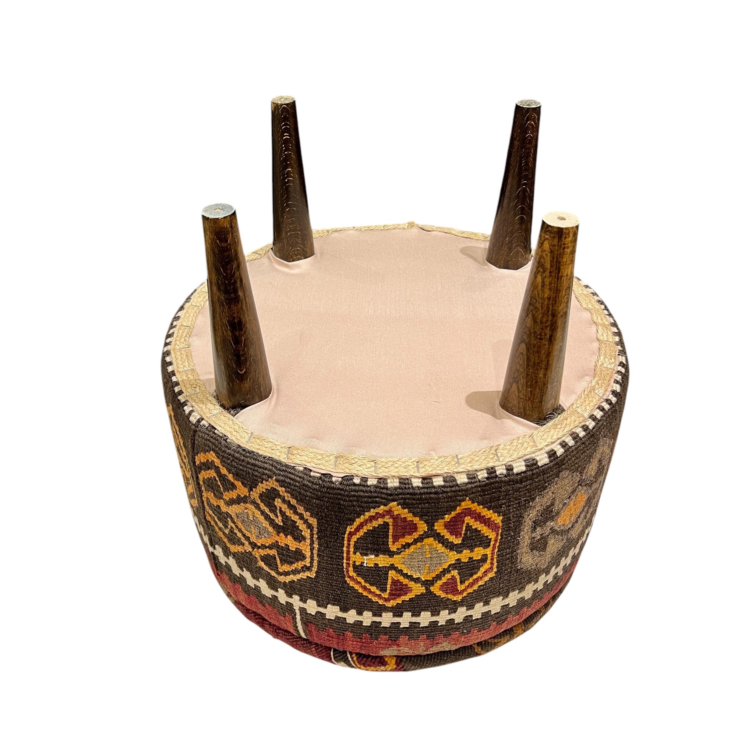 Vintage Kilim Small Round Ottoman