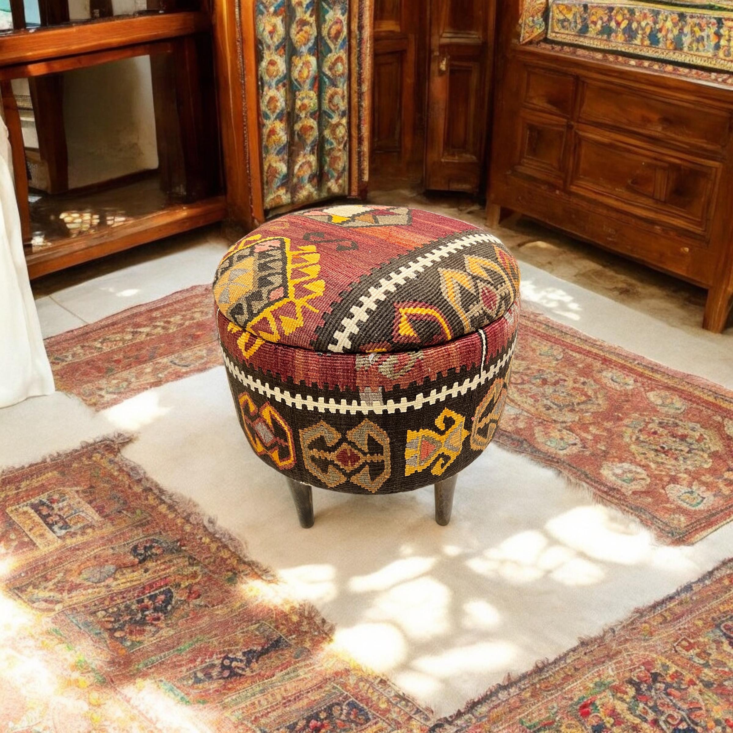 Vintage Kilim Small Round Ottoman