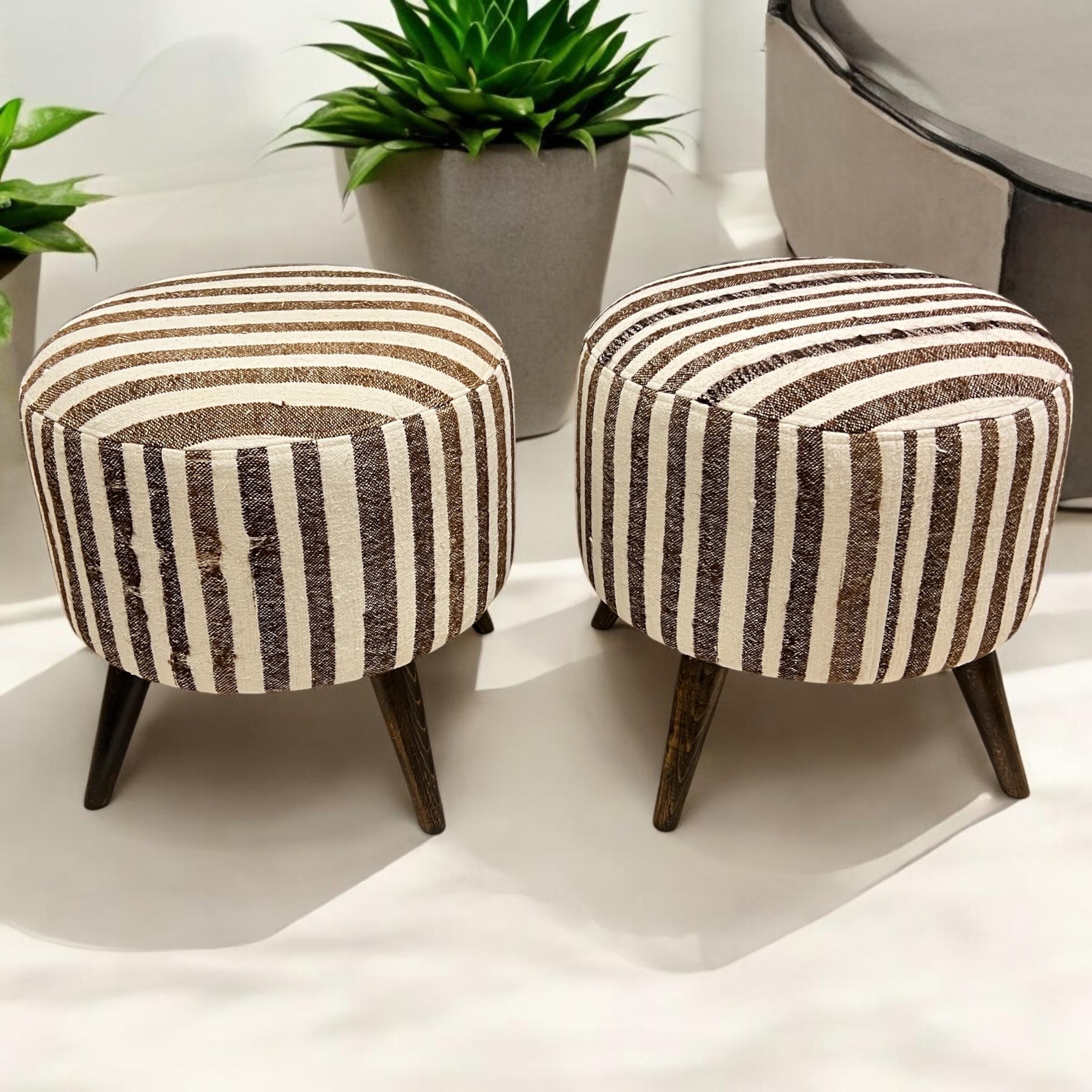Vintage Stripe Kilim Small Round Ottoman