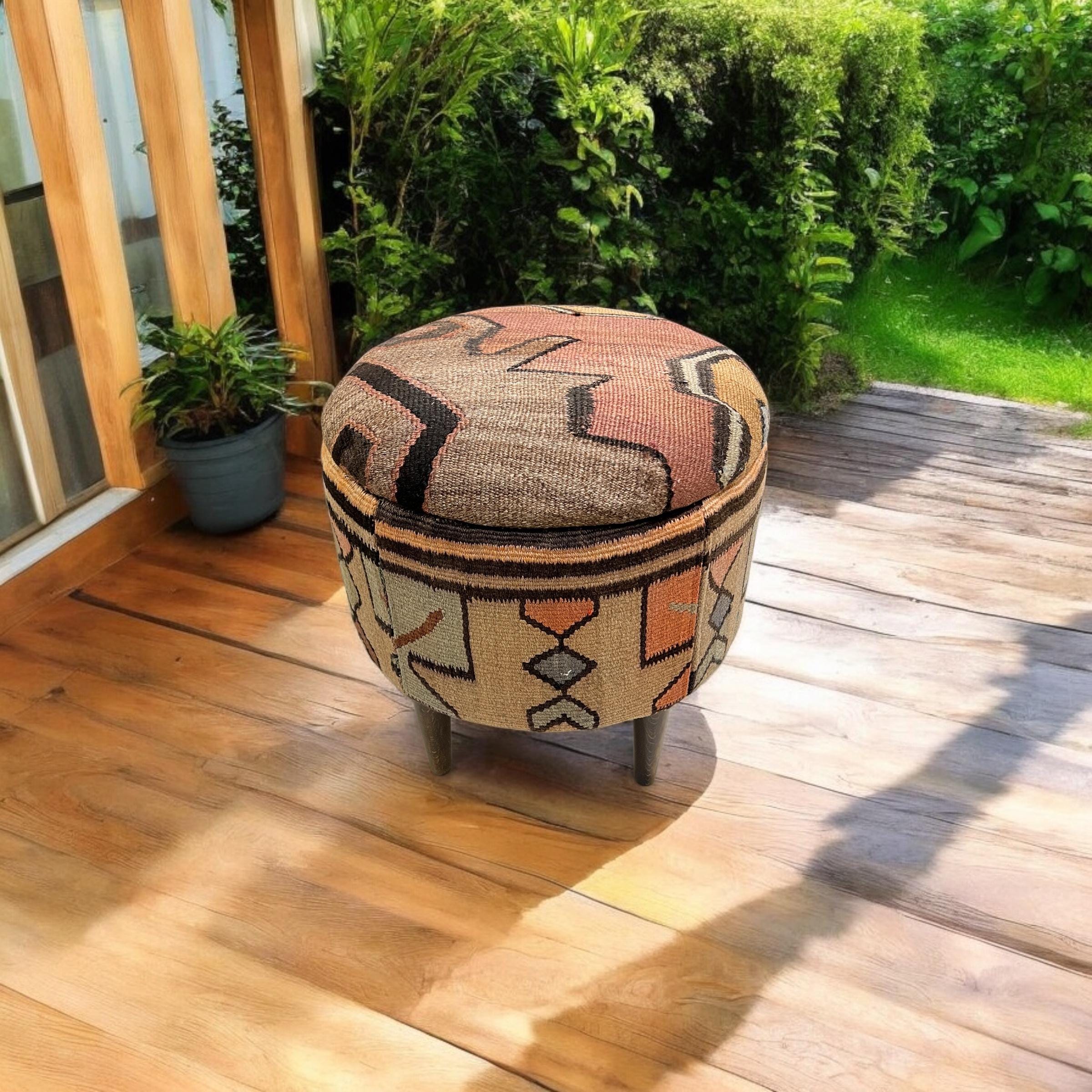 Vintage Kilim Small Round Ottoman